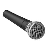 The image shows a professional-grade dynamic handheld microphone with a black body and silver metallic mesh grille. Text with model details is visible but not fully clear. This type of microphone is commonly used in musical performances, recording studios, and live events, known for its durability and sound quality.