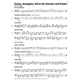 Sheet music with musical notation for scales, arpeggios, warm-up chorales, and etudes for Baritone or Euphonium B.C.