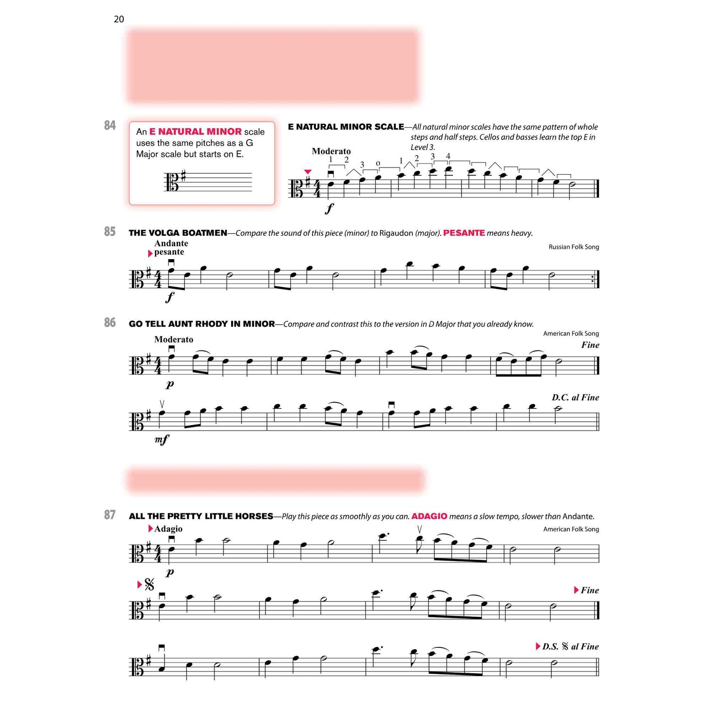Sheet music showing scales and songs for viola. 