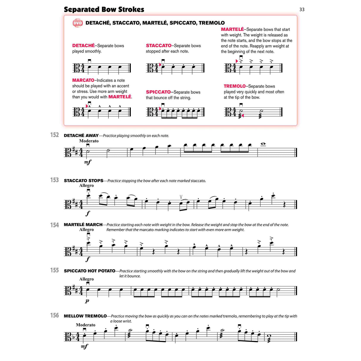 Print Music and exercises for bow strokes for Viola on a white background. 