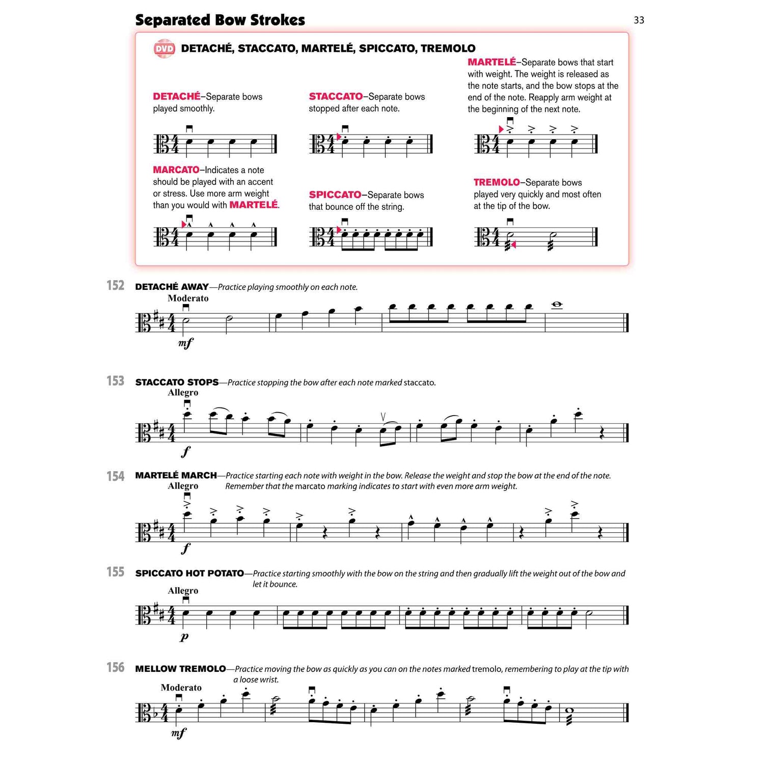 Print Music and exercises for bow strokes for Viola on a white background. 
