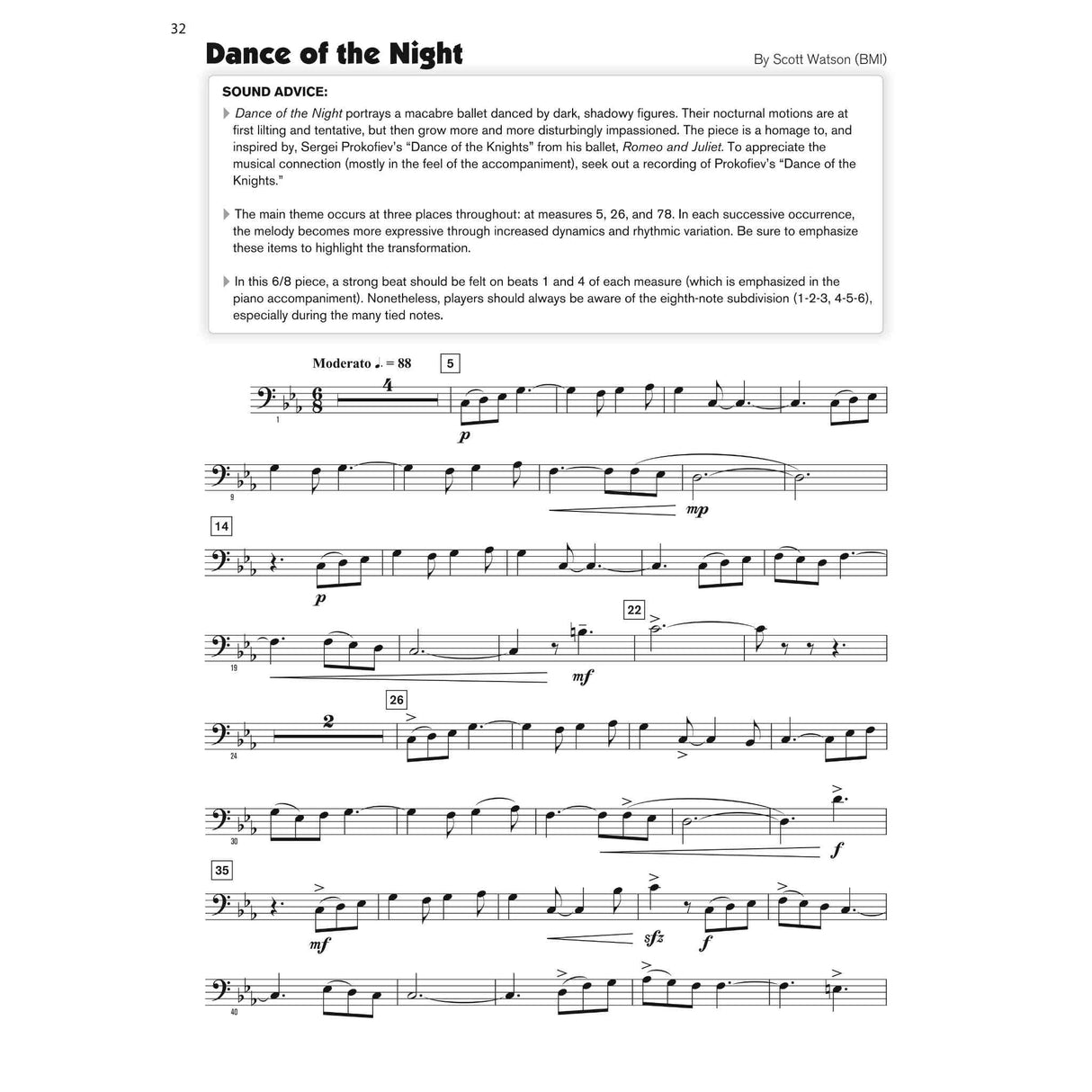 Euphonium sheet music for a song called, "Dance of the Night." with advice on how to play on a white background. 