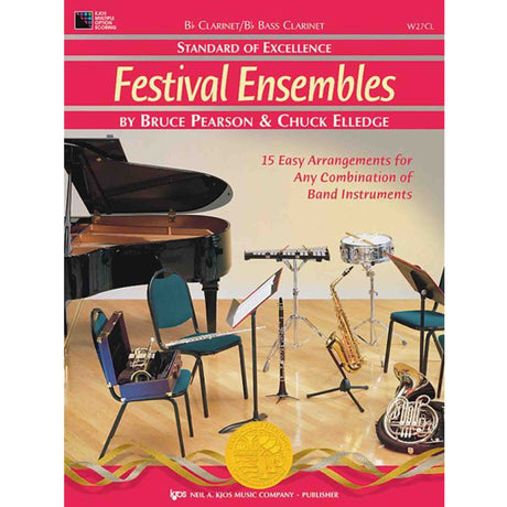Music book cover for 'Festival Ensembles' by Bruce Pearson & Chuck Elledge with musical instruments and a piano.