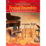 Book cover of 'Standard of Excellence Festival Ensembles' for Electric Bass with pictures of musical instruments and a piano.