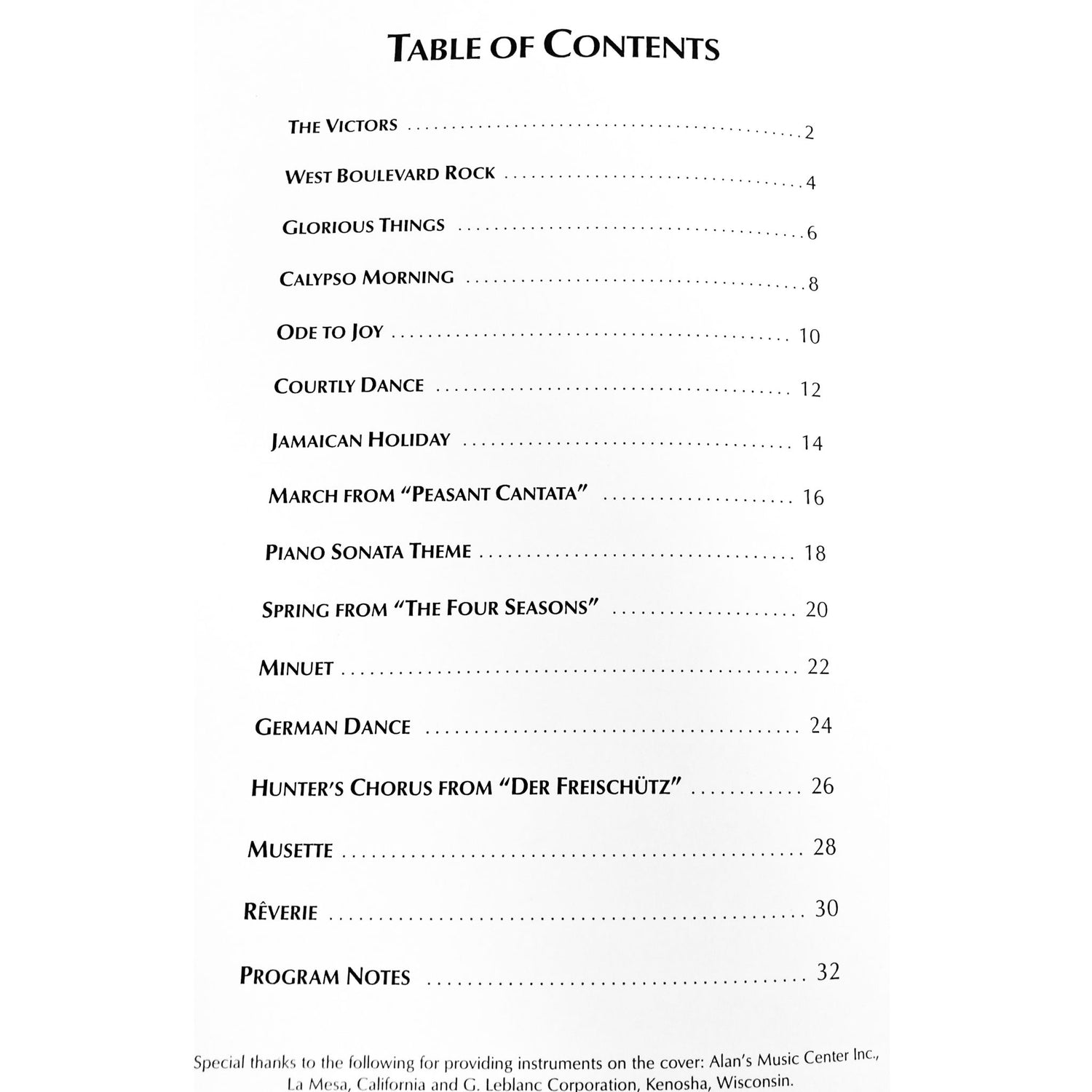 Table of contents for print music book for electric bass