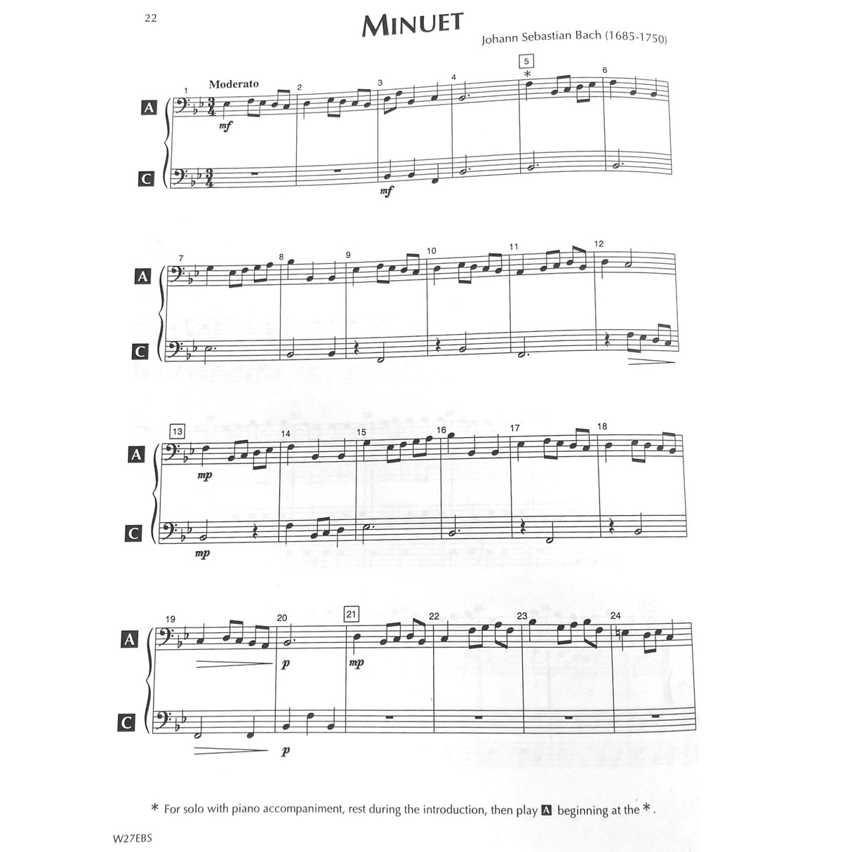 Sheet music for electric Bass for a minuet by Johann Sebastian Bach on a white background