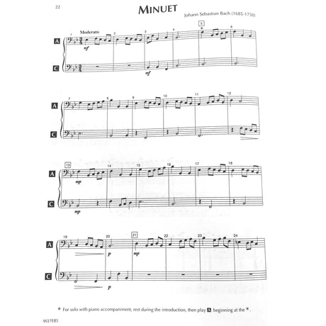 Sheet music for electric Bass for a minuet by Johann Sebastian Bach on a white background