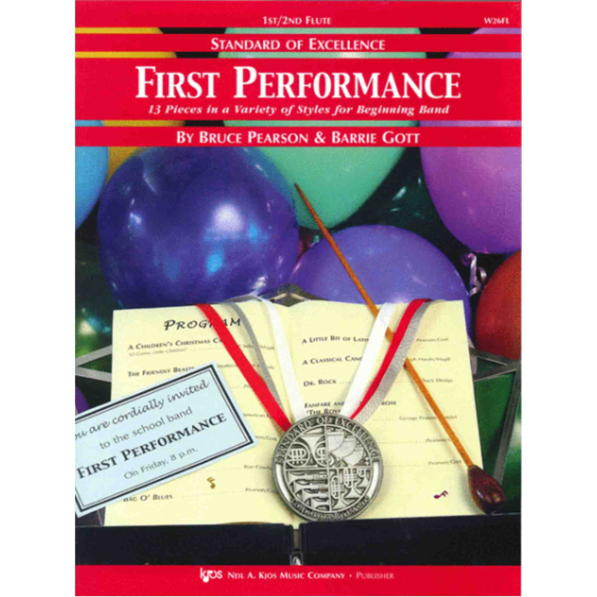 Book cover for Standard of Excellence First Performance Flute featuring balloons and a metal of excellence.