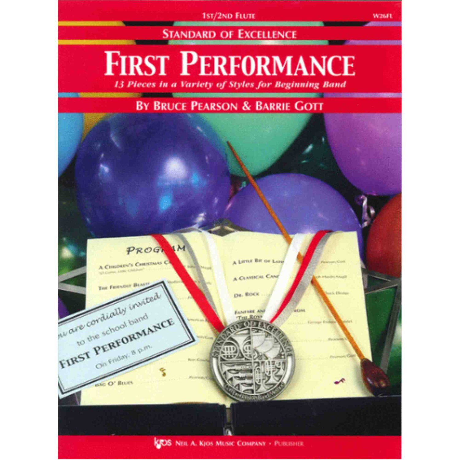 Book cover for Standard of Excellence First Performance Flute featuring balloons and a metal of excellence.