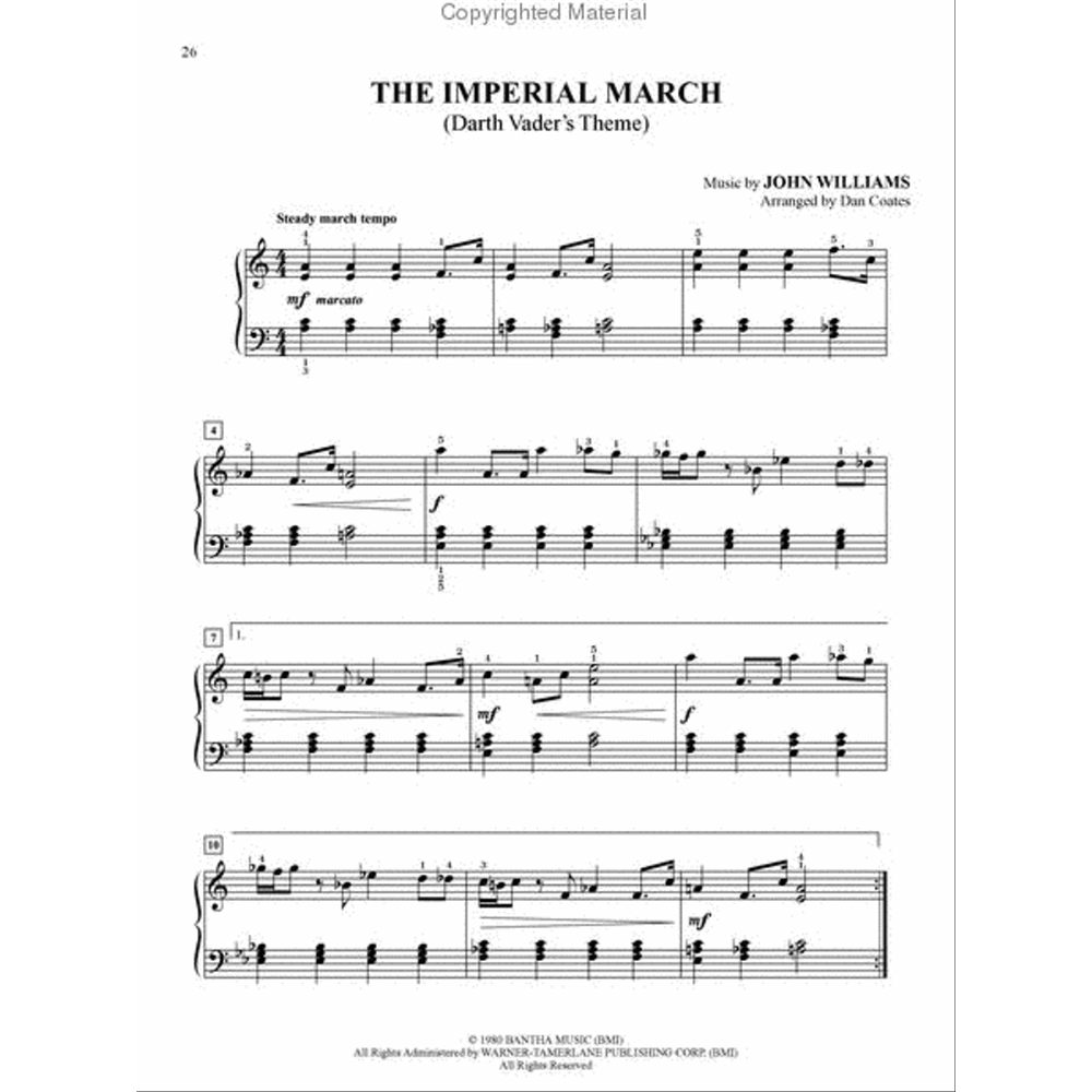 The image shows piano sheet music for "The Imperial March (Darth Vader's Theme)" from Star Wars, composed by John Williams and arranged by Dan Coates. It is in 4/4 time, G minor key, with dynamic markings like mezzo-forte and forte. The score features treble and bass clefs, a steady march tempo, rehearsal letters, and measure numbers. This simplified intermediate arrangement highlights the iconic melody and left-hand accompaniment.