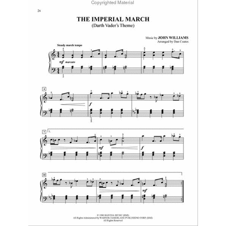 The image shows piano sheet music for "The Imperial March (Darth Vader's Theme)" from Star Wars, composed by John Williams and arranged by Dan Coates. It is in 4/4 time, G minor key, with dynamic markings like mezzo-forte and forte. The score features treble and bass clefs, a steady march tempo, rehearsal letters, and measure numbers. This simplified intermediate arrangement highlights the iconic melody and left-hand accompaniment.