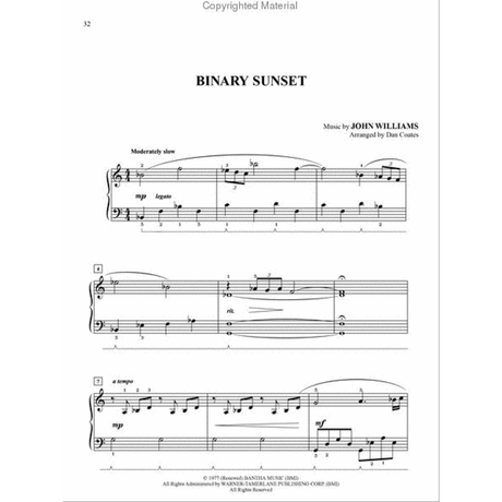 The image shows sheet music titled "Binary Sunset" by John Williams, arranged for piano by Dan Coates. It features treble and bass clefs in 2/4 time, marked "Moderately slow," with dynamics like "mp," legato, fingering numbers, and a ritardando near the end. This intermediate-level piano arrangement represents the iconic Star Wars theme from Luke Skywalker’s binary sunset scene on Tatooine. Copyright info appears at the bottom.