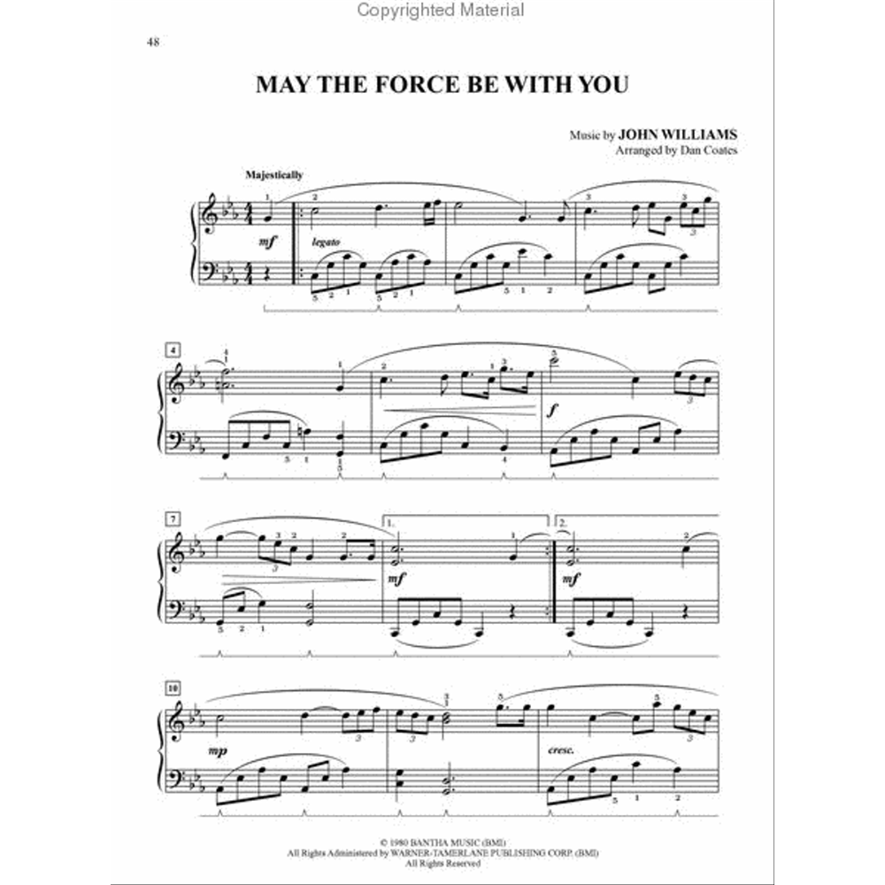 The image shows a page of piano sheet music for "May the Force Be With You," composed by John Williams and arranged by Dan Coates. It features treble and bass staves in B♭ major with a "Majestically" tempo marking and legato phrasing. The page number 48 is visible, along with dynamics, fingering, measure numbers, and a copyright notice at the bottom.