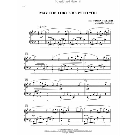The image shows a page of piano sheet music for "May the Force Be With You," composed by John Williams and arranged by Dan Coates. It features treble and bass staves in B♭ major with a "Majestically" tempo marking and legato phrasing. The page number 48 is visible, along with dynamics, fingering, measure numbers, and a copyright notice at the bottom.
