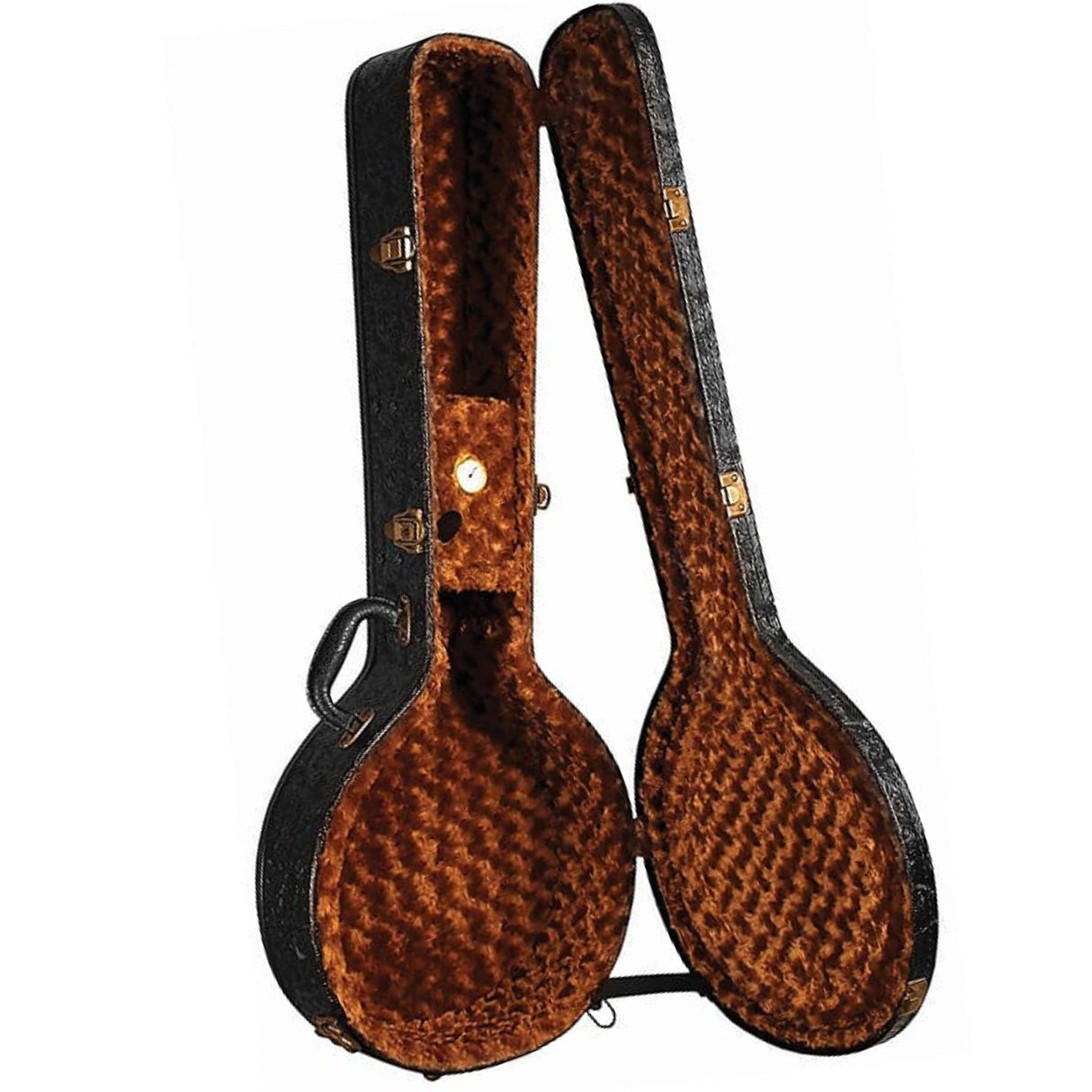 The image shows an open hard guitar case with a black textured exterior and plush brown quilted interior. It features form-fitted compartments for the guitar body and neck, metal latches and hinges for secure closure, a small interior storage compartment, and a handle for carrying. This sturdy case offers strong protection and cushioning, ideal for safely transporting acoustic or classical guitars.