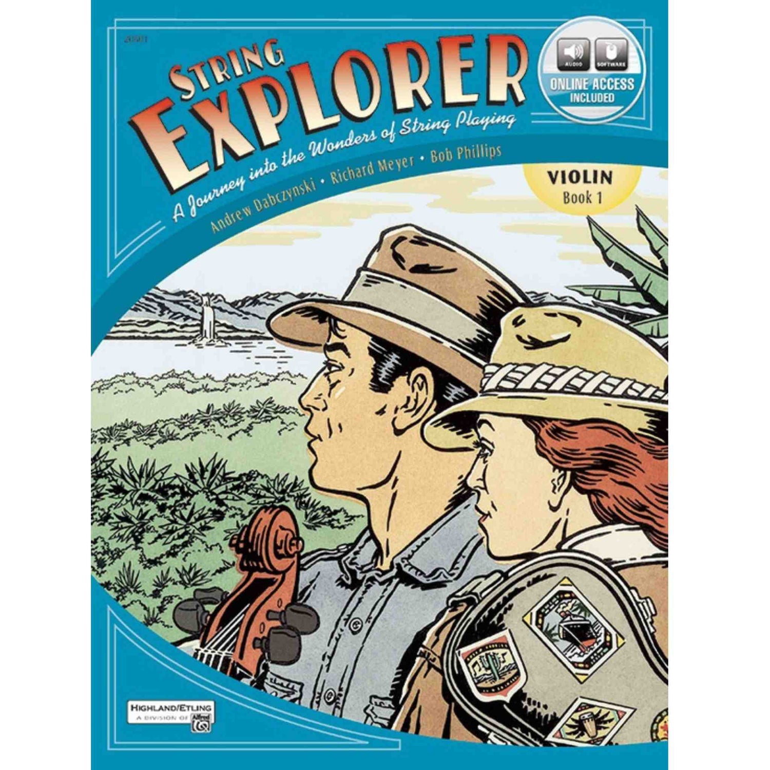 Book cover of 'String Explorer' for violin with illustration of two people in outdoor setting