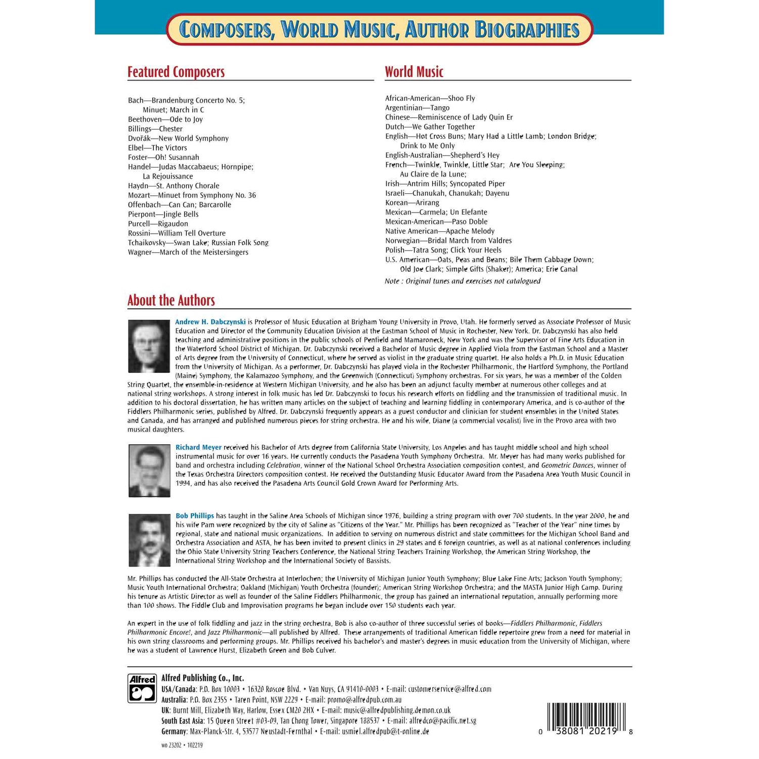 Back cover of a book with composer and world music information, featuring a blue banner at the top.