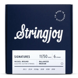 The image shows a package of Stringjoy Signatures nickel wound electric guitar strings. It is a 6-string set with medium gauge 11-50 (.011, .014, .018p, .028, .038, .050) and balanced medium tension. The navy blue box features white text and "Made in Nashville, TN" in the upper right corner. This premium set offers even tension and tone, popular among players seeking quality, American-made strings.