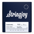 The image shows a package of Stringjoy Signatures series electric guitar strings. It’s a 6-string set with super light 9-42 gauge nickel wound strings featuring balanced tension design. The navy blue packaging has white text and a "Made in Nashville, TN" logo, indicating American-made quality. This set offers consistent tension across strings, favored by lead guitarists for easier bends.