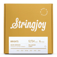The image shows a package of Stringjoy "Brights" acoustic guitar strings. The light gauge 12-54 set is made of 80/20 bronze with six strings (.012 to .054). The packaging features a golden-yellow box with white script logo, a white info panel, and a "Made in Nashville" badge, highlighting a premium, professional presentation.