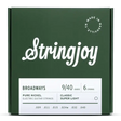 The image shows a green package of Stringjoy electric guitar strings, model Broadways. It contains a 6-string set with a 9-40 light gauge, made of pure nickel. The gauges are .009, .011, .015, .024w, .032, and .040 inches. The box notes "Classic Super Light" and "Made in Nashville." These strings offer a warm, vintage tone and are suited for players preferring easier bending and fretting.