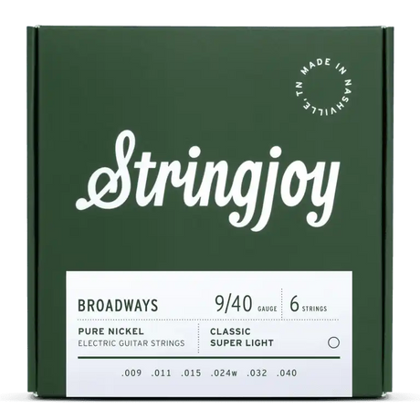 The image shows a green package of Stringjoy electric guitar strings, model Broadways. It contains a 6-string set with a 9-40 light gauge, made of pure nickel. The gauges are .009, .011, .015, .024w, .032, and .040 inches. The box notes "Classic Super Light" and "Made in Nashville." These strings offer a warm, vintage tone and are suited for players preferring easier bending and fretting.
