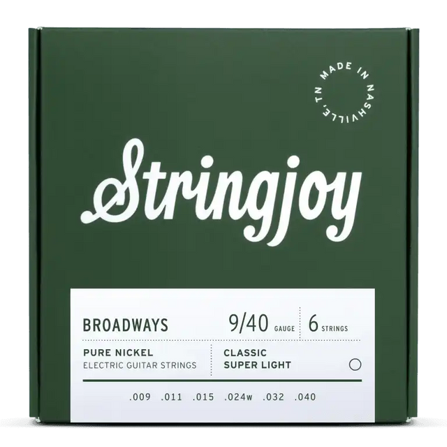 The image shows a green package of Stringjoy electric guitar strings, model Broadways. It contains a 6-string set with a 9-40 light gauge, made of pure nickel. The gauges are .009, .011, .015, .024w, .032, and .040 inches. The box notes "Classic Super Light" and "Made in Nashville." These strings offer a warm, vintage tone and are suited for players preferring easier bending and fretting.