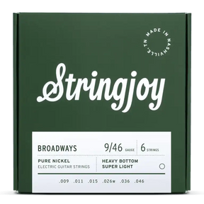 The image shows a green package of Stringjoy Broadways electric guitar strings. It contains a 6-string set of pure nickel hybrid gauge strings (9-46) with heavy bottom and super light treble tension. Gauges are .009, .011, .015, .026w, .036, .046. The box features a Nashville-made stamp and highlights a warm, vintage tone with balanced tension.