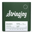 The image shows a package of Stringjoy electric guitar strings, Broadways model, 10-46 gauge, 6-string set made of pure nickel. The packaging features a forest green background, white "Stringjoy" logo, a white info panel at the bottom, and a "Made in Nashville" badge in the upper right. These classic light gauge strings offer a warm, vintage tone popular among electric guitarists.
