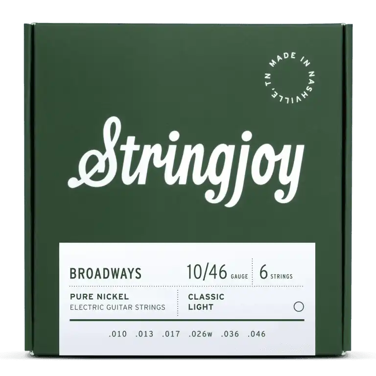 The image shows a package of Stringjoy electric guitar strings, Broadways model, 10-46 gauge, 6-string set made of pure nickel. The packaging features a forest green background, white "Stringjoy" logo, a white info panel at the bottom, and a "Made in Nashville" badge in the upper right. These classic light gauge strings offer a warm, vintage tone popular among electric guitarists.