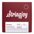 The image shows a burgundy box of Stringjoy acoustic guitar strings, a 12-string set made in Nashville, TN. These phosphor bronze strings have a balanced super light gauge of 11/52, with individual string sizes listed on the package. The design features clean white lettering and a circular "Made in Nashville TN" logo, part of the "NATURALS" product line known for warm tone and durability.