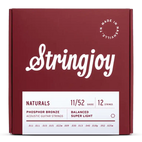 The image shows a burgundy box of Stringjoy acoustic guitar strings, a 12-string set made in Nashville, TN. These phosphor bronze strings have a balanced super light gauge of 11/52, with individual string sizes listed on the package. The design features clean white lettering and a circular "Made in Nashville TN" logo, part of the "NATURALS" product line known for warm tone and durability.