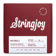 The image shows a package of Stringjoy "Naturals" phosphor bronze acoustic guitar strings in super light gauge (11-52). The deep red box features white script branding, a white info label, and a "Made in Nashville, TN" stamp. The set includes 6 strings with gauges .011, .015, .022w, .030, .040, and .052, highlighting a professional, premium presentation.