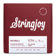 The image shows a package of Stringjoy "Naturals" phosphor bronze acoustic guitar strings, gauge 12-54, balanced light tension. The burgundy box features white script logo, clean typography, and a "Made in Nashville, TN" circular logo. The six strings have gauges .012, .016, .024w, .032, .042, .054. These light gauge strings offer a warm, balanced tone with professional, premium packaging.