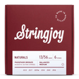 The image shows a package of Stringjoy acoustic guitar strings, medium gauge (.013–.056) phosphor bronze, balanced medium tension. The deep red box features clean white script logo, "Made in Nashville, TN" in the top right, and a minimalist design. The set includes six strings, known for warm tone and durability, from Stringjoy’s "Naturals" line.