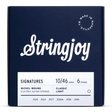 The image shows a dark blue box of Stringjoy "SIGNATURES" electric guitar strings with white script lettering. It features 6 nickel-wound strings, Classic Light gauge 10-46 (.010, .013, .017, .026w, .036, .046), made in Nashville, TN. The packaging is sleek and professional, indicating a premium set that balances playability and tone for electric guitars.