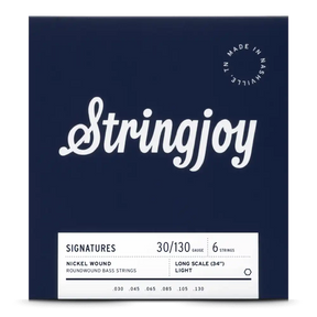 The image shows a package of Stringjoy "Signatures" 6-string bass guitar strings, gauge 30-130, nickel roundwound, long scale (34"), light tension. The packaging is dark navy blue with white text and includes a "Made in Nashville, TN" logo. This American-made set is designed for extended range and high-quality performance on 6-string bass guitars.
