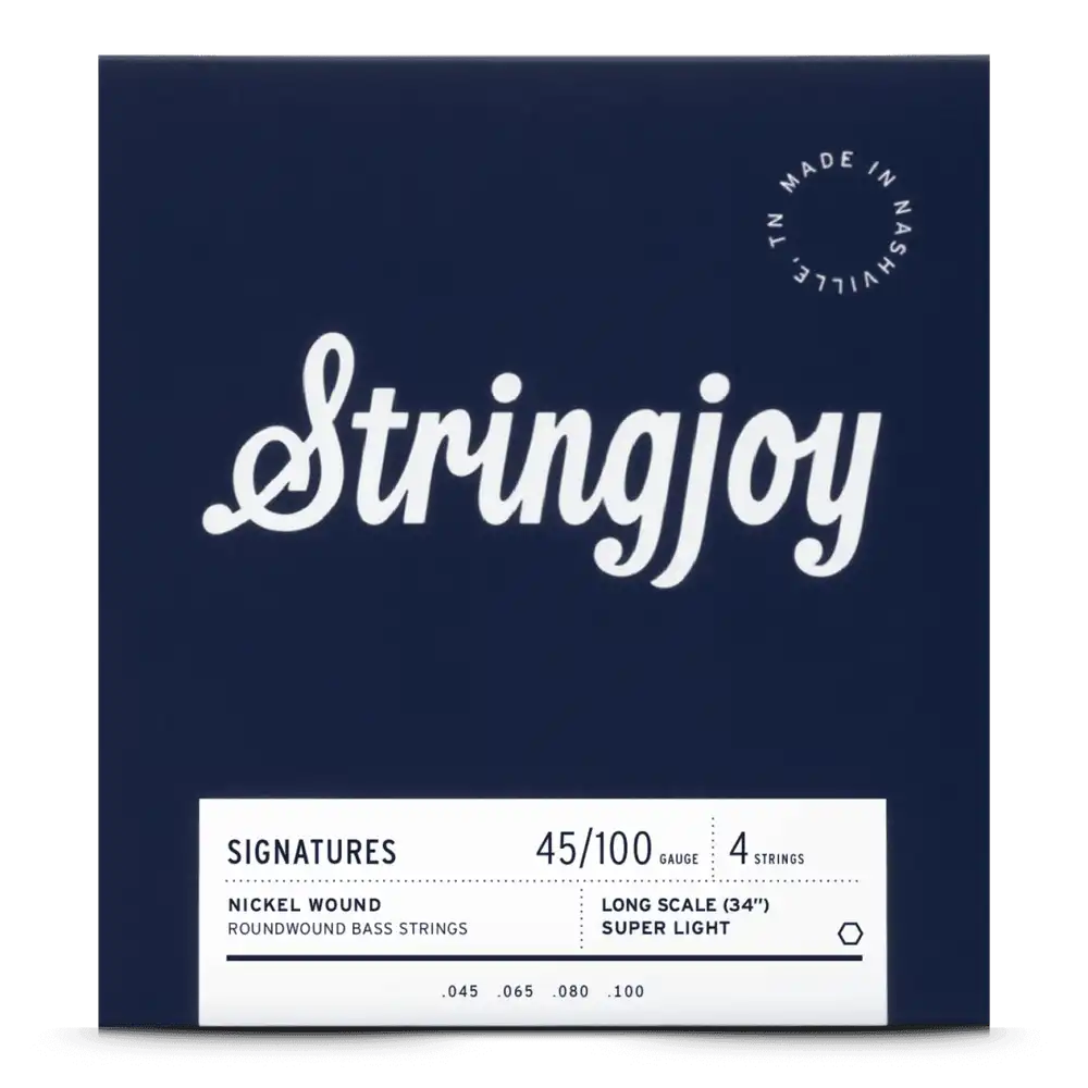 The image shows a package of Stringjoy 4-string nickel roundwound bass guitar strings, super light gauge 45-100, for long scale 34" basses. The packaging features a deep navy background with a white script logo, a white information label at the bottom, and a "Made in Nashville, TN" circular stamp in the upper right corner, highlighting its boutique, American-made quality.