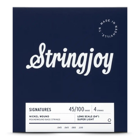 The image shows a package of Stringjoy 4-string nickel roundwound bass guitar strings, super light gauge 45-100, for long scale 34" basses. The packaging features a deep navy background with a white script logo, a white information label at the bottom, and a "Made in Nashville, TN" circular stamp in the upper right corner, highlighting its boutique, American-made quality.