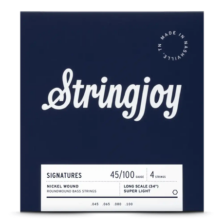 The image shows a package of Stringjoy 4-string nickel roundwound bass guitar strings, super light gauge 45-100, for long scale 34" basses. The packaging features a deep navy background with a white script logo, a white information label at the bottom, and a "Made in Nashville, TN" circular stamp in the upper right corner, highlighting its boutique, American-made quality.