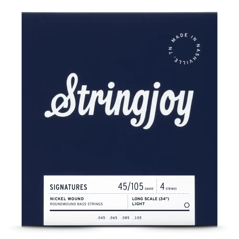 The image shows a package of Stringjoy light gauge, 4-string nickel roundwound bass guitar strings for long scale (34") basses. The packaging has a deep navy blue background with a white cursive Stringjoy logo and a white info panel at the bottom listing gauges (.045, .065, .085, .105). "Made in Nashville, TN" is noted in the upper right corner.