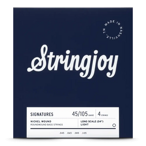 The image shows a package of Stringjoy light gauge, 4-string nickel roundwound bass guitar strings for long scale (34") basses. The packaging has a deep navy blue background with a white cursive Stringjoy logo and a white info panel at the bottom listing gauges (.045, .065, .085, .105). "Made in Nashville, TN" is noted in the upper right corner.