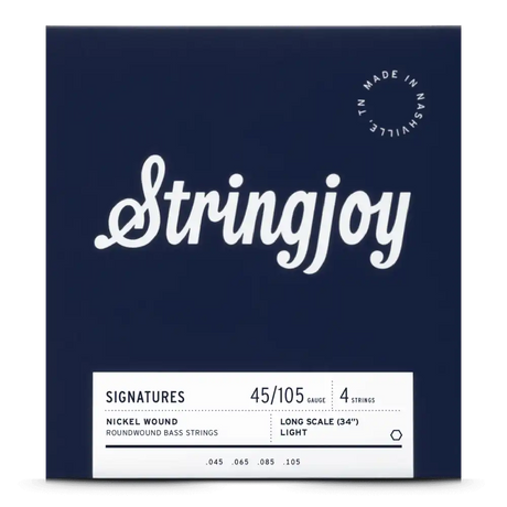The image shows a package of Stringjoy light gauge, 4-string nickel roundwound bass guitar strings for long scale (34") basses. The packaging has a deep navy blue background with a white cursive Stringjoy logo and a white info panel at the bottom listing gauges (.045, .065, .085, .105). "Made in Nashville, TN" is noted in the upper right corner.