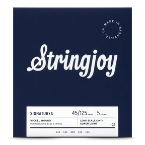 The image shows a package of Stringjoy 5-string bass guitar strings with a 45-125 super light gauge, designed for long scale (34") basses. The deep navy packaging features white cursive branding, a "Made in Nashville, TN" badge, and a white label listing nickel roundwound string specs (.045, .065, .080, .100, .125). This professional set is favored for playability and tone.