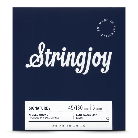 The image shows a package of Stringjoy 5-string bass guitar strings with a 45-130 light gauge nickel roundwound set for long scale (34") basses. The packaging features a deep navy background, a white "Stringjoy" logo, a bottom information label, and a "Made in Nashville TN" badge in the upper right corner, indicating premium American-made strings from a boutique brand.