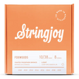 The image shows a package of Stringjoy Foxwoods coated phosphor bronze mandolin strings, light gauge 10-38, with 8 loop-end strings (.010 to .038). The box is orange/coral with white lettering and a "Made in Nashville" badge in the top right. The front has a white product label. Stringjoy is known for premium, made-in-USA strings offering warm tone and extended life.