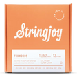 The image shows a package of Stringjoy Foxwoods coated phosphor bronze acoustic guitar strings for 12-string guitars. The balanced super light set is gauge 11/52. The orange/coral box features the Stringjoy logo, technical specs on a white label, a "Made in Nashville" badge, and lists individual string gauges. The packaging suggests a premium, corrosion-resistant string set.