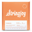 The image shows a package of Stringjoy Foxwoods Coated Phosphor Bronze mandolin strings in medium gauge 11/40. It contains 8 medium loop-end strings (.011, .011, .015, .015, .026, .026, .040, .040) in a coral-orange box with white script branding. A "Made in Nashville" logo appears in the top right, and product details are on a white label at the bottom. The coated strings offer enhanced tone and durability.