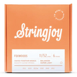 The image shows a package of Stringjoy Foxwoods coated phosphor bronze acoustic guitar strings. The orange/coral box features a script-style logo, a "Made in Nashville" badge, and a white label listing specs. This 6-string set is Balanced Super Light gauge 11-52 (.011, .015, .022w, .030, .040, .052), offering warm tone and corrosion resistance.