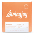 The image shows a package of Stringjoy Foxwoods coated phosphor bronze acoustic guitar strings. It features a 6-string set with 12/54 balanced light gauge (.012, .016, .024w, .032, .042, .054). The orange box has white text, a “Made in Nashville” logo, and a modern, professional design. These strings offer a bright, warm tone with enhanced durability and easier playability.